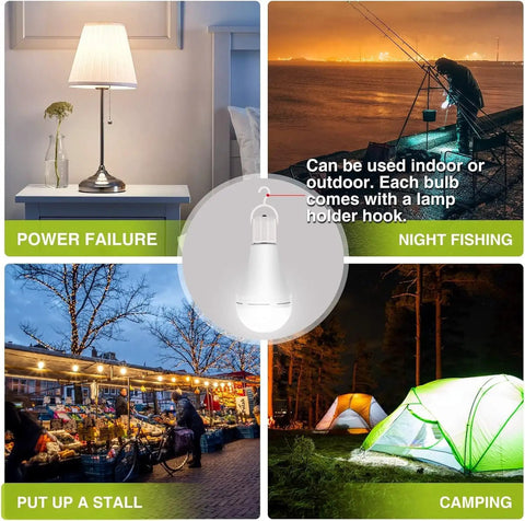 Emergency Rechargeable LED Light Bulb That Stays Lit During Power Outages, 1500mAh Backup Battery, use cases shown for home, camping, fishing