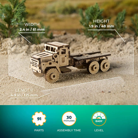 Military Truck 3D Puzzle Kit for Adults wooden 3-axle truck model, 4.9 x 2.4 x 1.9 in