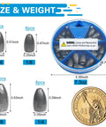 Bullet Sinker Fishing Weights Kit, 29 Pieces With 1/8oz, 3/16oz, 1/4oz And 3/8oz Sizes, Lead Sinkers and storage box next to coin.