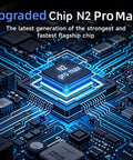 Close-up of Upgraded Chip N2 Pro Max on a circuit board, highlighting advanced technology with blue circuitry glow.