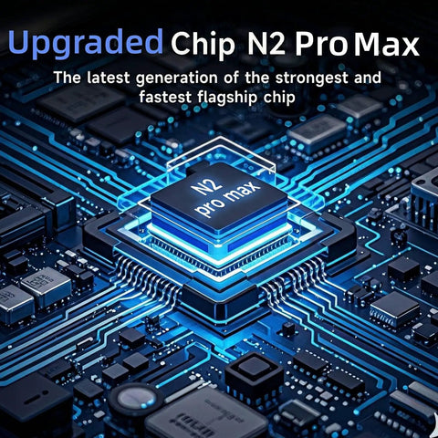 Close-up of Upgraded Chip N2 Pro Max on a circuit board, highlighting advanced technology with blue circuitry glow.