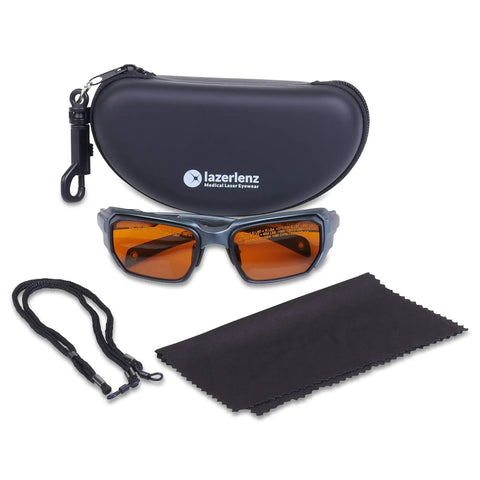 High Grade Laser Safety Eyewear For Tattoo Removal, Vein Removal, And Pigmented Lesion Treatments With 190 To 534 Nm And 850 To 1064 Nm Filters, Wraparound Eye Frames For Docs And Laser Pros, ANSI Z136.1 Certified with case, lanyard, and cloth