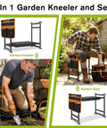 Garden Kneeler And Chair With Umbrella, 2-In-1 Foldable Garden Stool With Adjustable Bracket, Detachable Tool Bags, Heavy Duty Kneeling Pad for gardening in black and orange