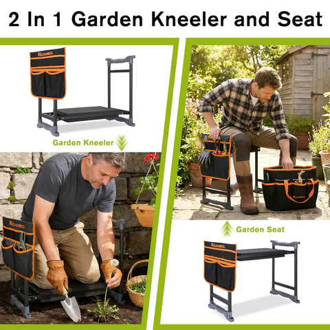 Garden Kneeler And Chair With Umbrella, 2-In-1 Foldable Garden Stool With Adjustable Bracket, Detachable Tool Bags, Heavy Duty Kneeling Pad for gardening in black and orange