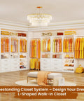 Modular Closet System With Six Drawers And Ten Open Shelves Housing Eight Hanging Rods Creating A Custom Walk In Closet Organizer Setup That Hits Different For Any Master Bedroom Freestanding White Wood Build, showcasing a bright L-shaped layout.