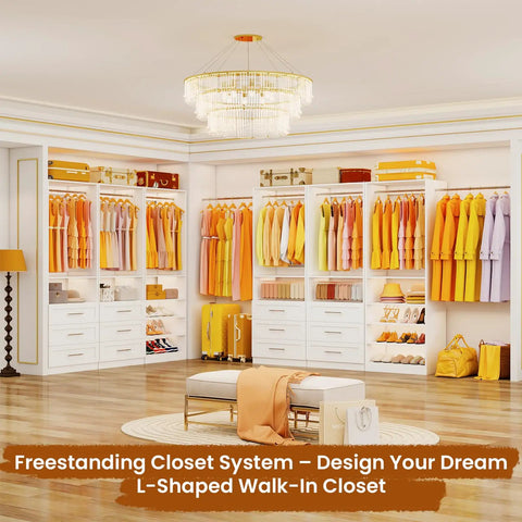 Modular Closet System With Six Drawers And Ten Open Shelves Housing Eight Hanging Rods Creating A Custom Walk In Closet Organizer Setup That Hits Different For Any Master Bedroom Freestanding White Wood Build, showcasing a bright L-shaped layout.