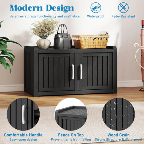 All Weather Outdoor Shoe Storage Cabinet With Two Barn Doors No Fuss Waterproof UV Resistant Entryway Bench Classic Black