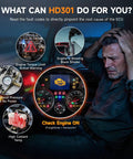 Heavy Duty Truck Scanner With 6 9 16 Pin Adapters explaining HD301 features in truck cabin, error codes, and driver troubleshooting
