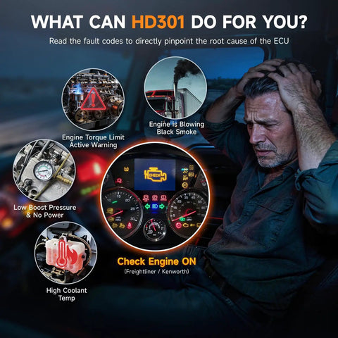 Heavy Duty Truck Scanner With 6 9 16 Pin Adapters explaining HD301 features in truck cabin, error codes, and driver troubleshooting