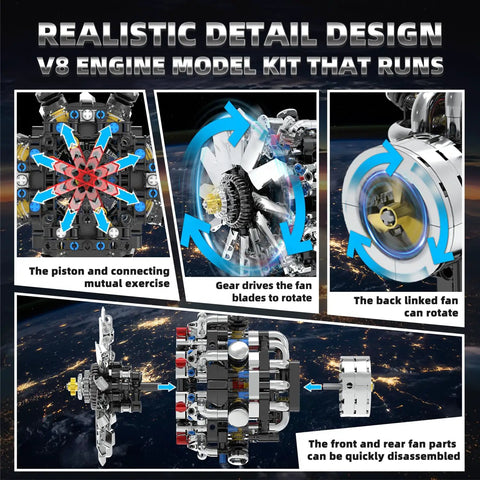 Realistic detail of Mini Turbofan Engine Model Kit That Actually Runs, showing piston, fan rotation, and disassembly features