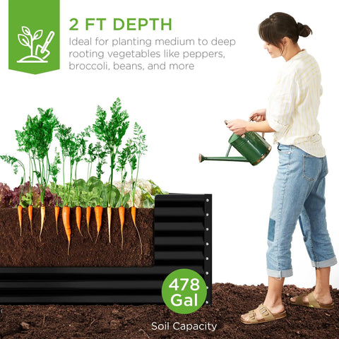 Outdoor Metal Raised Garden Bed 8 By 4 By 2 Ft Deep Root Planter For Vegetables Herbs And Flowers 478 Gallon Capacity Non Toxic Materials Heavy Duty Black with woman watering plants
