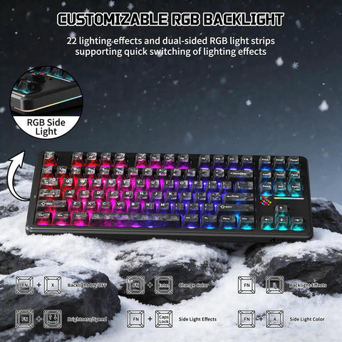 Top Shelf Wireless Mechanical Keyboard With Blazing 8k Polling Speed And A Rock Solid 10000Mah Cell Mounted On A Clever Dot Matrix Panel Plus Dope 168 Million Rgb Backlights For Your Pro Gamer Desk Rig with RGB backlight effects shown.