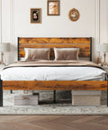 Built Different Full Size Platform Bed Frame With Solid Wood Headboard And Footboard Heavy Duty Steel Slats Holds 800 Lbs in a bedroom setup.