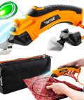 Upgrade To The Latest Antive Electric Scissors For Fabric And Cordless Cardboard Cutter With 2 Heads, Featuring A Safety Lock Button And Tungsten Steel Blades For Smooth, Effortless Cutting. Perfect For Diy Projects. in use on fabric with black zip pouch visible.