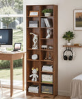 Tall 71 Inch Rustic Wood Bookshelf With 6 Adjustable Shelves And Elevated Dust And Moisture Proof Base in living room.