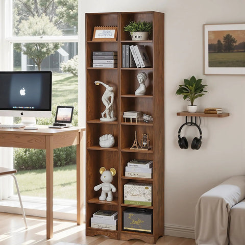 Tall 71 Inch Rustic Wood Bookshelf With 6 Adjustable Shelves And Elevated Dust And Moisture Proof Base in living room.