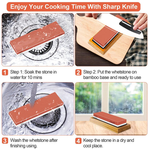 Steps showing use of Beast Whetstone Knife Sharpener Kit With 3000 And 8000 Grit Water Stone Flattening Stone and bamboo base.