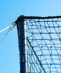 Top corner view of 35 Ft Ultimate Baseball Batting Cage With Net And Poles Package, showcasing heavy duty #42 net and rust-resistant poles.