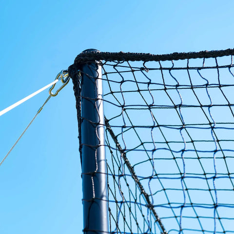 Top corner view of 35 Ft Ultimate Baseball Batting Cage With Net And Poles Package, showcasing heavy duty #42 net and rust-resistant poles.