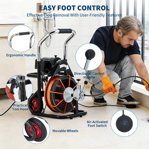 Heavy Duty 100Ft Electric Drain Auger with Auto Feed 450W High Torque Motor showing ergonomic handle and directional control.
