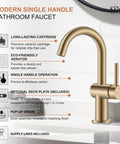 Champagne Bronze Single Handle Bathroom Faucet One Hole Vanity Sink with lead-free design and ergonomic handle for modern bathrooms.