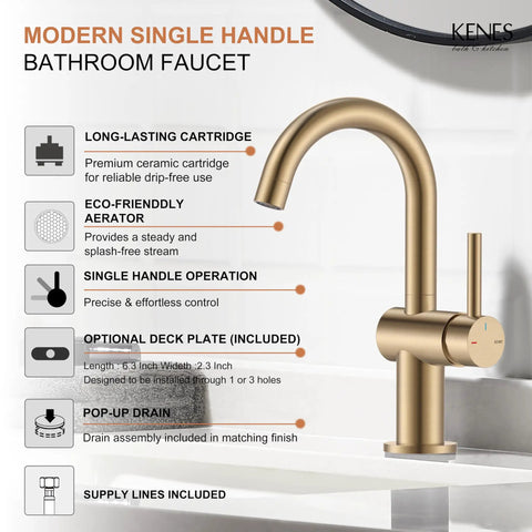 Champagne Bronze Single Handle Bathroom Faucet One Hole Vanity Sink with lead-free design and ergonomic handle for modern bathrooms.