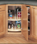 Premium Wood Lazy Susan Double Tier Turntable For Corner Base Cabinets with chrome hub in kitchen cabinet storage.