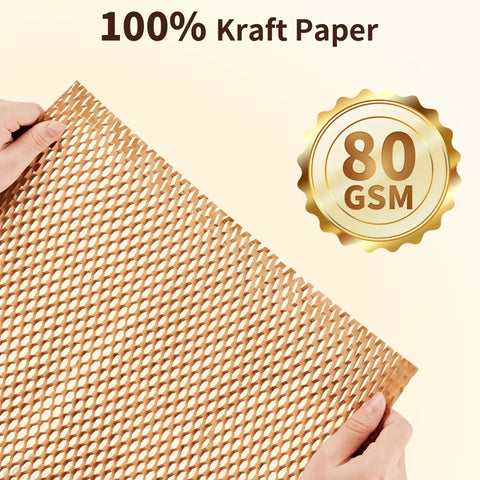 Top Shelf Honeycomb Packing Paper Stretch Roll With Extra Fragile Labels For Moving And Shipping Lightweight Cushion Wrap showcasing 100% kraft paper structure.