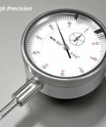 Front view of a dial bore gauge with 2-6 in range, 0.001 in resolution, self-centering dial indicator and metal probe.