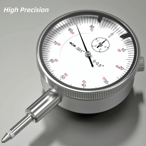 Front view of a dial bore gauge with 2-6 in range, 0.001 in resolution, self-centering dial indicator and metal probe.