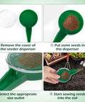 Steps showing Compact Handy Seed Spreader Handheld Planter Tool For Tiny Seeds usage with adjustable sowing dispenser.