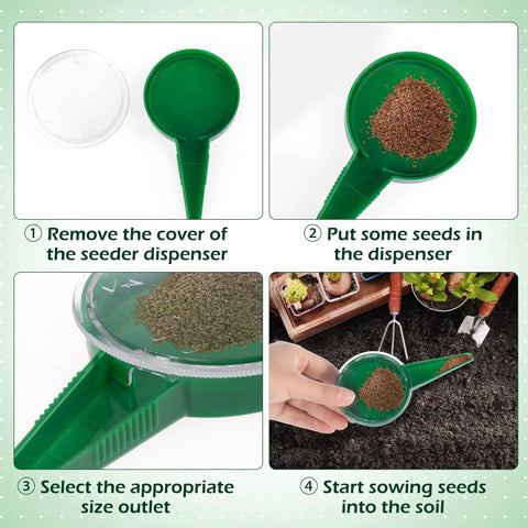 Steps showing Compact Handy Seed Spreader Handheld Planter Tool For Tiny Seeds usage with adjustable sowing dispenser.