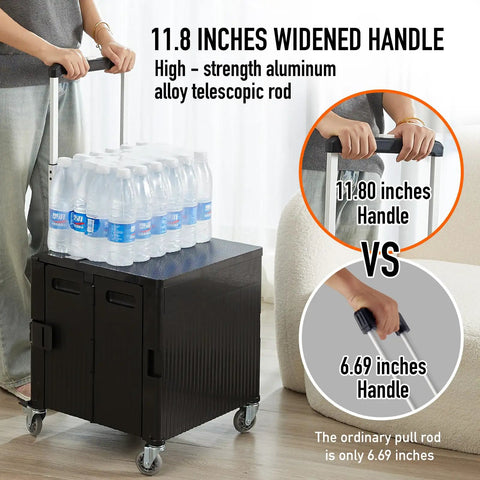 Foldable Rolling Utility Cart With Lid On Wheels Collapsible Handcart Trolley For Grocery Shopping Office Camp School And File Organization Durable Black With Brakes And Large Capacity, shown with water bottles and an 11.8-inch handle.