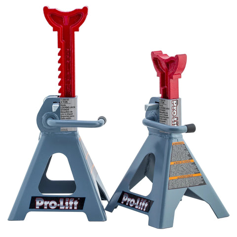 Two Pro-Lift T-6903D 3-ton jack stands with red adjustable posts and gray bases