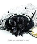 Black Saddle Hackle Rooster Feathers Bulk 200 Pcs 5-7 Inch used in elegant hat decoration with mesh and flowers