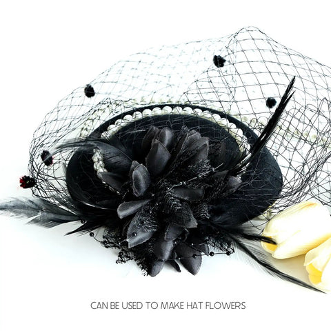 Black Saddle Hackle Rooster Feathers Bulk 200 Pcs 5-7 Inch used in elegant hat decoration with mesh and flowers