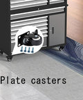 Set Of 4 Heavy Duty Swivel Caster Wheels With Secure Brakes shown on a mobile tool chest, featuring durable construction and locking features.