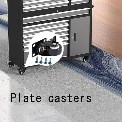 Set Of 4 Heavy Duty Swivel Caster Wheels With Secure Brakes shown on a mobile tool chest, featuring durable construction and locking features.