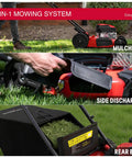 EasyGlide 21 Inch Gas Lawn Mower With 144cc 4 Stroke OHV Engine Push Walk Behind showing mulching, side discharge, rear bag
