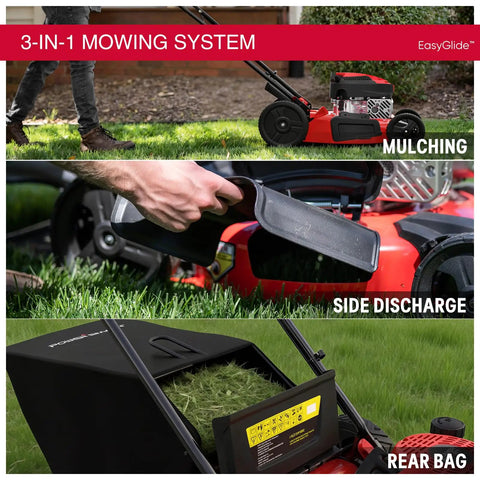 EasyGlide 21 Inch Gas Lawn Mower With 144cc 4 Stroke OHV Engine Push Walk Behind showing mulching, side discharge, rear bag