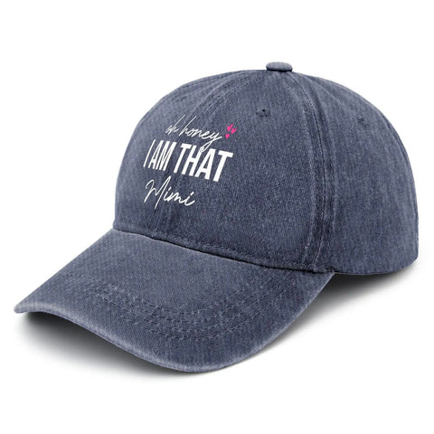 Fresh Daily Dope Comfort Women Navy Blue Adjustable Cap With Soft Feel And Luxe Comfort, text 'I AM THAT Mimi' on front, side view