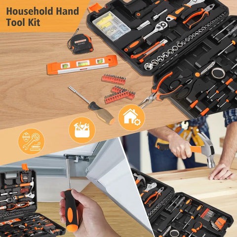 247 Piece Home And Auto Repair Tool Kit With Plastic Toolbox Storage Case showing various tools like pliers and screwdrivers in use.