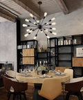 Black 18 Light Starburst Chandelier Pendant Light 36 Inch Wide For Living Room Dining Room Kitchen Island Foyer Retro Style Modern Farmhouse Industrial Ceiling Fixture With Adjustable Height And Durable Spray Painted Metal in rustic dining room.