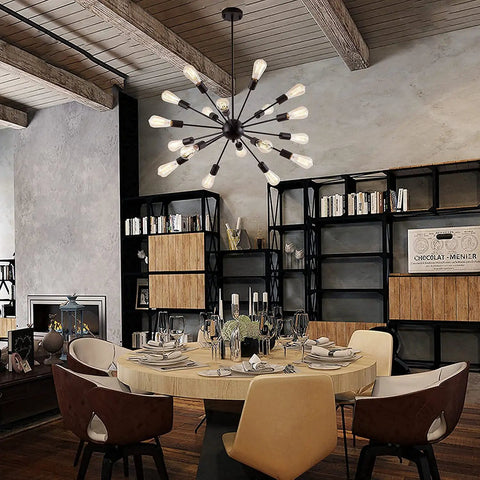 Black 18 Light Starburst Chandelier Pendant Light 36 Inch Wide For Living Room Dining Room Kitchen Island Foyer Retro Style Modern Farmhouse Industrial Ceiling Fixture With Adjustable Height And Durable Spray Painted Metal in rustic dining room.