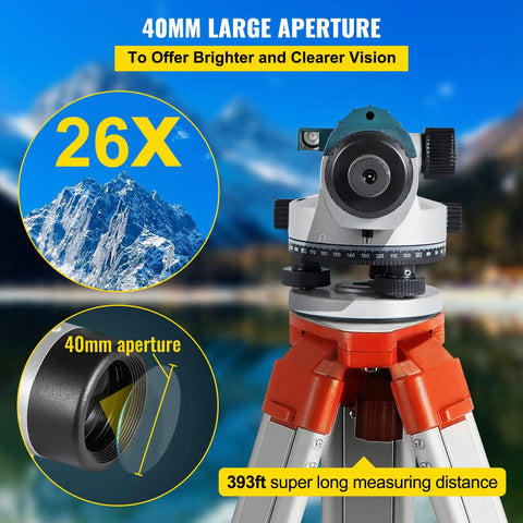 Super Precise 26X Automatic Transit Level Kit For Builders And Surveyors With 40mm Lens Offering High Accuracy Of 1/16 Inch At 100 Feet And Max Range Of 393 Feet Self Leveling Magnetic Dampened Compensator With Transport Lock IP54 Waterproof on tripod with mountain background