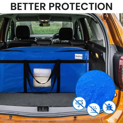 Giant 69 Gallon Extra Large Storage Bags Heavy Duty Moving Bags With Visible Window And Wrap Around Handles Blue 2 Pack loaded in car