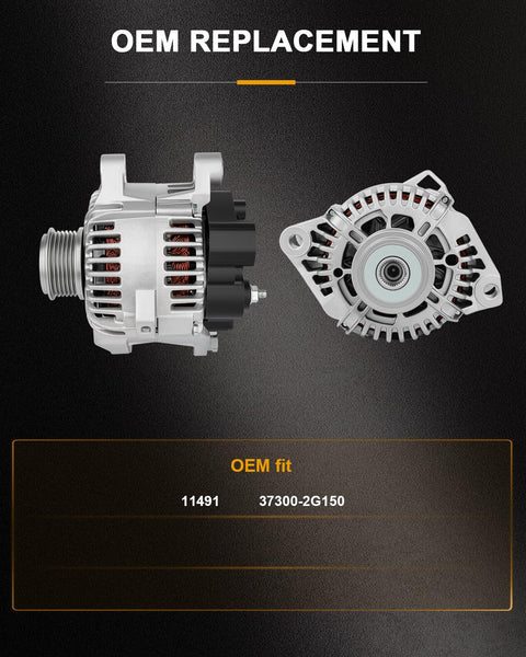 Alternator For Hyundai Sonata 2.4L 2010 2011 2012 2013 And Kia Optima 2.4L 2011 2013, 100 Amp 12 Volt Clockwise, front and side view
