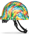 Colorful full brim hard hat with hexagonal pattern, side view. Vented Full Brim Hard Hat Black Carbon Fiber Gloss Finish With Padded Comfort OSHA Approved Construction Helmet For Men Lightweight HDPE Safety Gear For Job Sites And Heavy Duty Work.