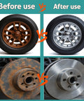 Before and after of Wheel Hub Resurfacing Kit With Rust Busting Tool For Wheel Studs And Brake Rotors, showing rust removal.