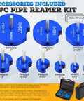 Nine Piece Set PVC Pipe Reamer Kit For Deburring And Edging One Half To Four Inch Pipes With Dual Blade Technology display